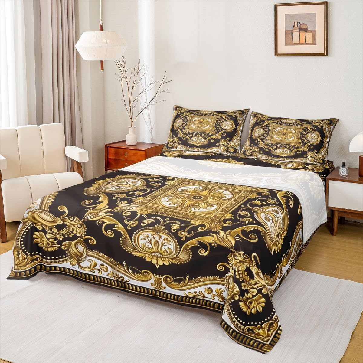 Erosebridal Golden Yellow Bed Sheets Set Full Geometric Flowers Sheet Set Bohemian Exotic Sheets European Floral Print Flat Fitted Sheet