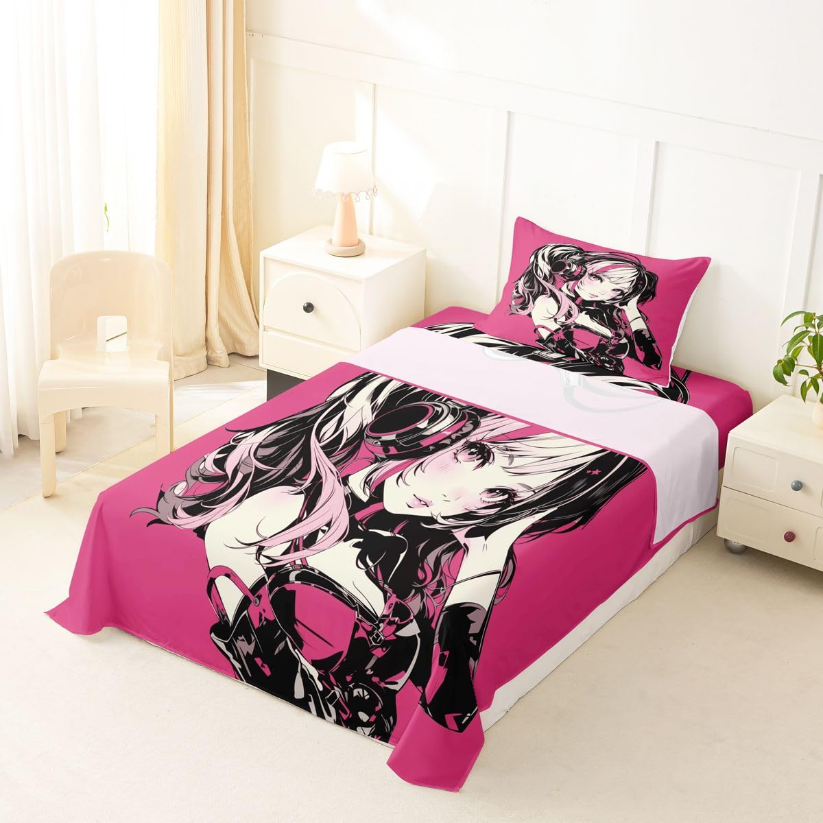 Erosebridal Pink Anime Girls Sheets Cartoon Japanes-Style Sheet Set Twin, Graffiti Street Culture Bed Sheets Set for Kids Teens Youth Watercolor Hippie Style Top Fitted Sheet 3Pcs