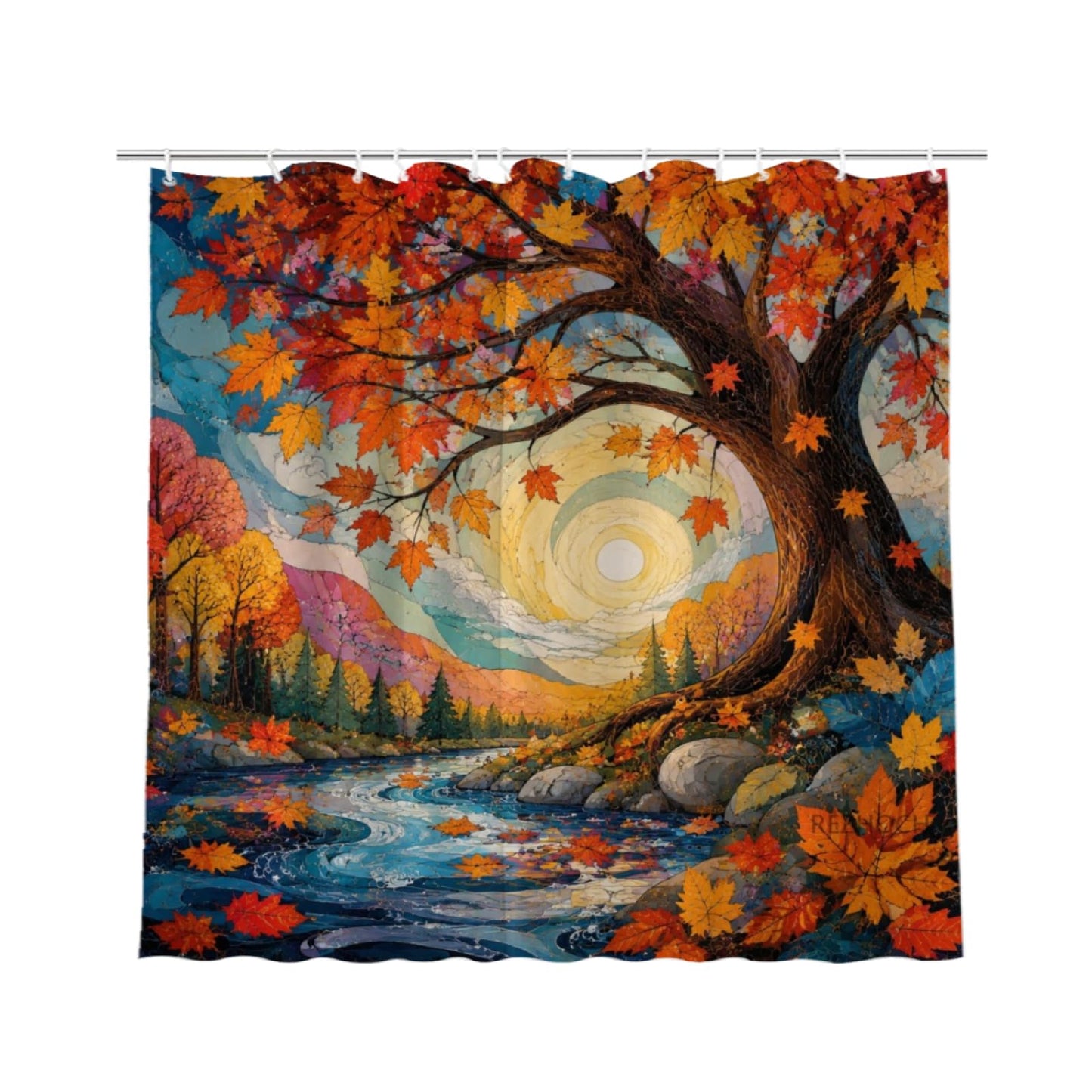 REZHOCH Autumn Bathtub Forest Shower Curtain 72x72 Inch,Fall Maple Leaves Lake View Rustic Tub Nature Landscape Artistic Bathroom Decor Bath Set with Hooks