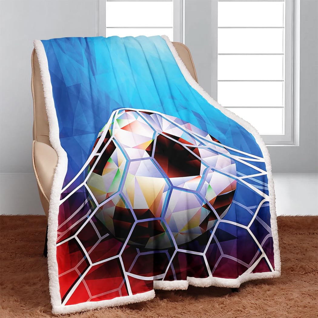 YISUEMEI Colorful Soccer Sherpa Blanket, Soft and Plush Cool 3D Printing Pattern Fleece Throw Blanket for Teenage Boys and Girls, 60x80 Inches