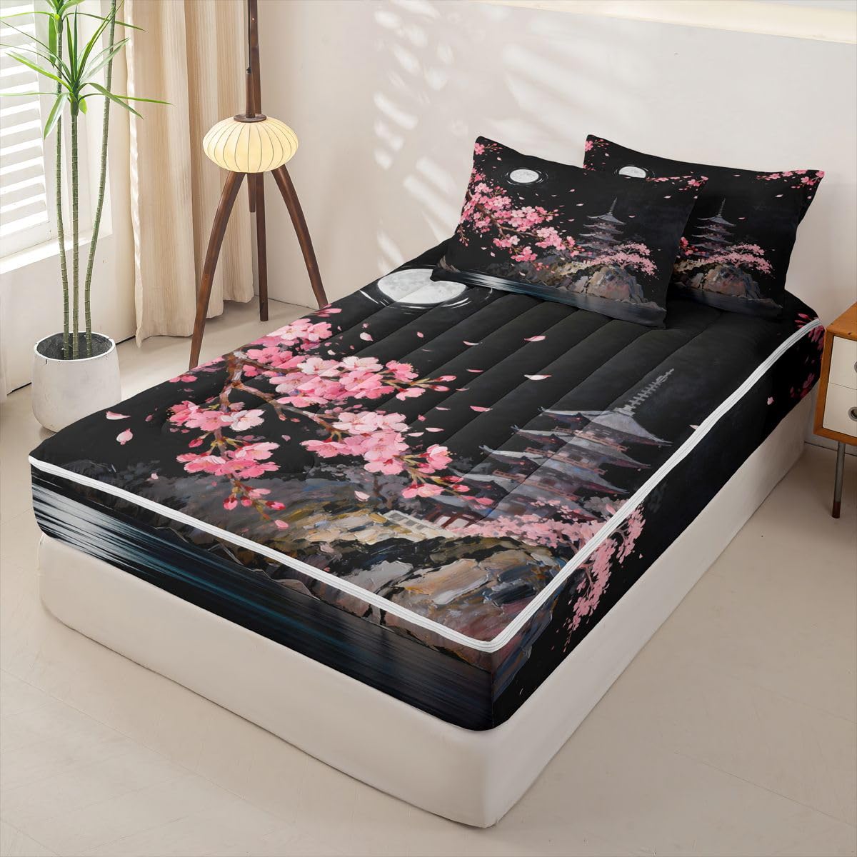 jejeloiu Japanese Style Building View Zipper Bedding Twin Pink Cherry Zipper Bedding Sets for Kids Boys Girls Night Moon Comforter Set with Fitted Sheet and 2 Pillowcases Romantic Exotic Bedroom Decor