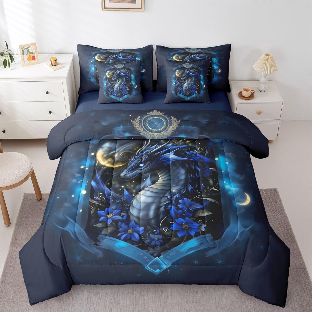 Feelyou Dragon Twin Comforter Set with Sheets for Kids Boys Girls Wild Life 7 Pieces Bedding Set Jungle Dragon Bed in a Bag Wild Animal Room Decor Dull Blue Soft Lightweight Microfiber