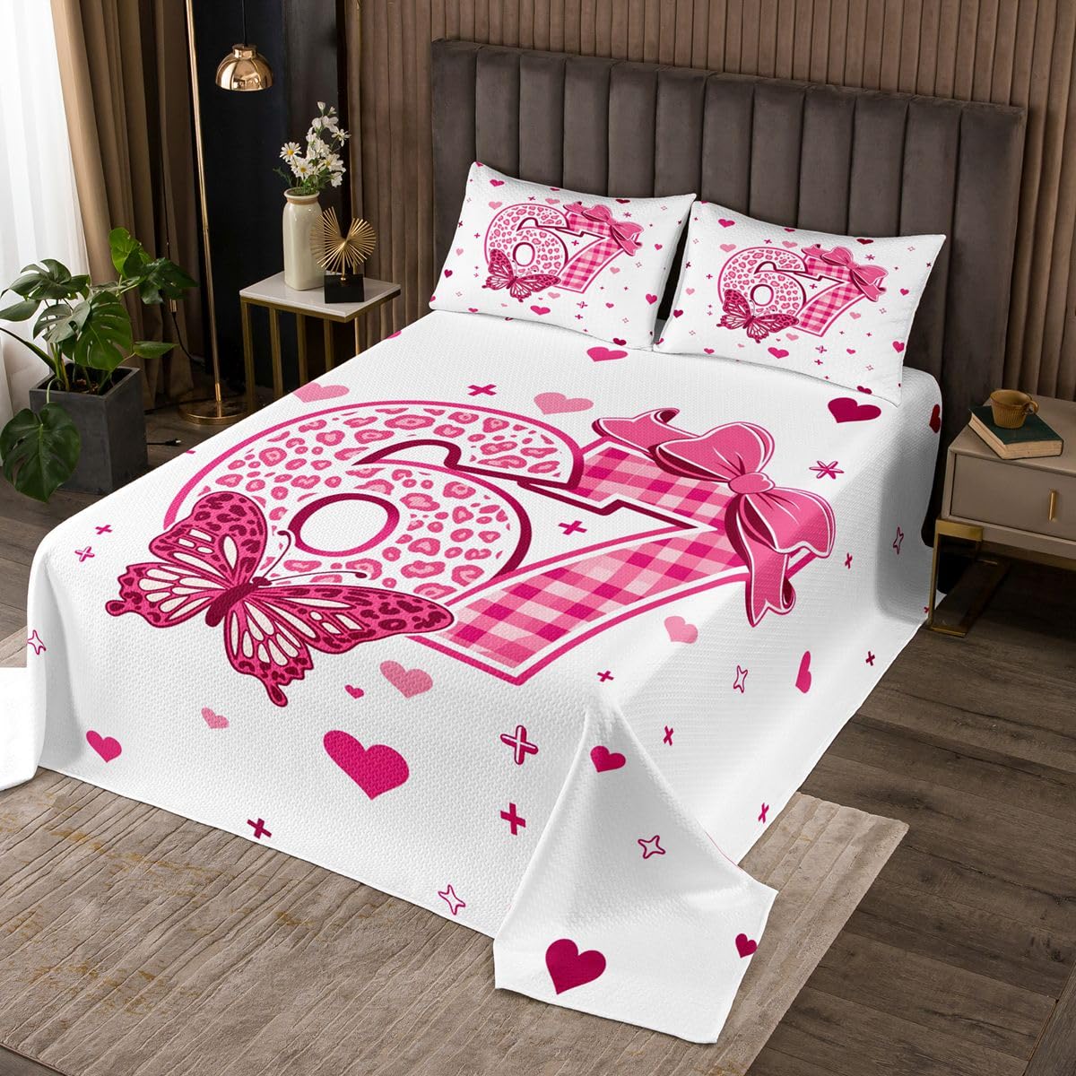 jejeloiu 6 7 Bedspread Quilts Leopard Print Coverlet Set King Size for Kids Boys Girls Pink Bow Quilted Coverlet for All Season with 2 Pillowcases Butterfly Microfiber Kawaii