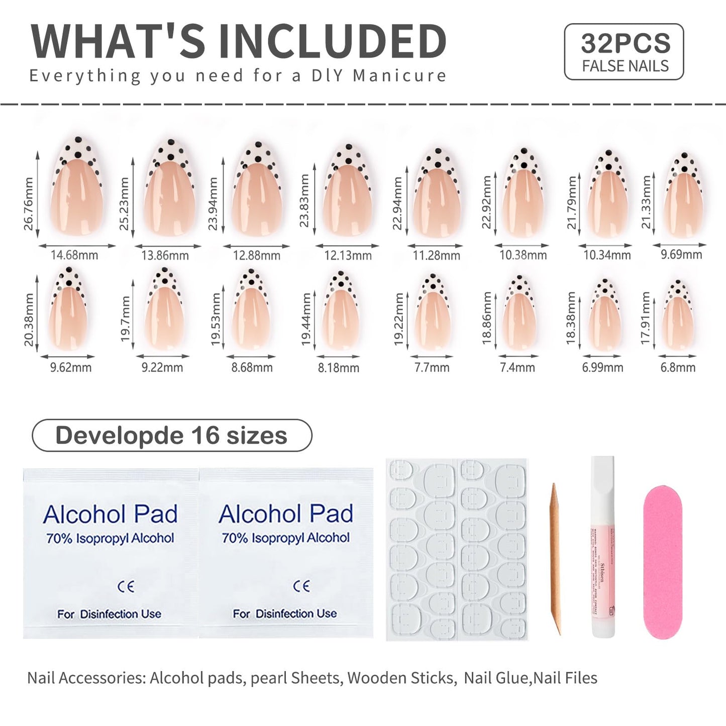 Press On Nails Almond Medium – Nude Pink French Tips with Black & White Polka Dot Design, 24PCS Glossy Acrylic Fake Nails, Reusable Stick On Nails Kit with Glue & Tools for Women, Trendy DIY Manicure