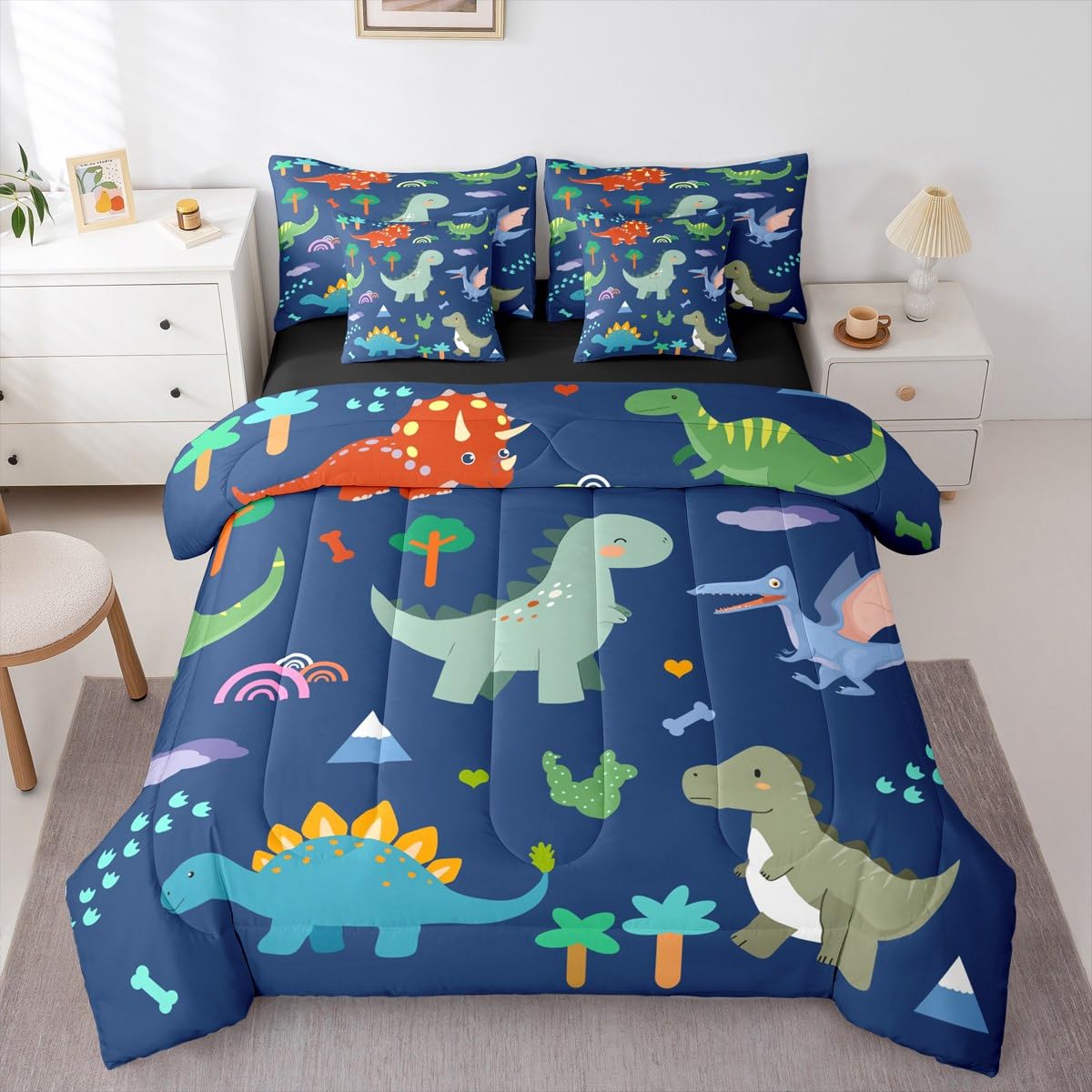 Erosebridal Cartoon 7 Piece Bedding Set King Dinosaur Comforter Set with Sheets Tree Bones Footprints Pterosaur Bed in a Bag Rainbow Triceratops Cute Dinosaur for Kids Boys Girls