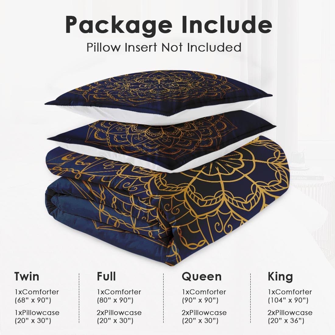 WeCozy Queen Size Comforter Set with 2 Pillowcases, Navy Blue Boho Gold Mandala Soft 3 Pcs Bedding for Kids and Adults Bedroom Bed Decor
