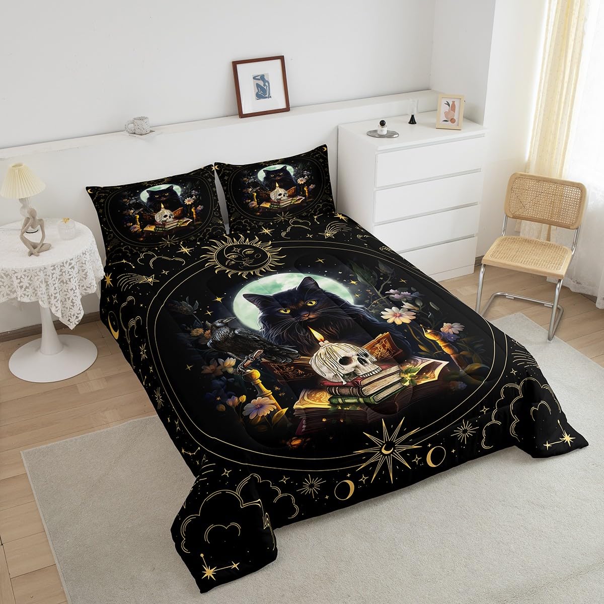 Trippy Cat Comforter Set Full Size,Sun and Moon Kids Quilt Set Gothic Sugar Skull Crow Print Bedding Set for Girls Boys Adult Room Decor,Exotic Daisy Floral Duvet Insert,2 Pillowcases,Black