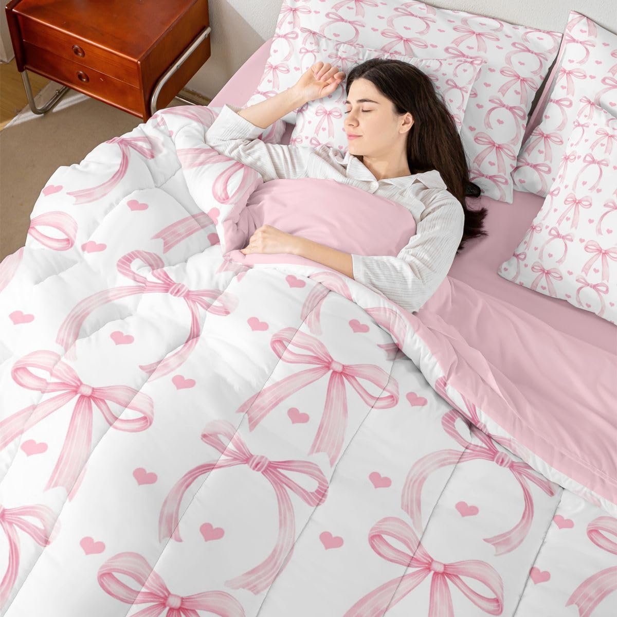 Erosebridal Ribbon Bowknot 7 Piece Comforter Set King Bed in A Bag Girls Love Heart Pink Bows Bedding Set for Women Room Decor Coquette Bow Sheets Valentine Stripe Pink Bows Bowtie Bed Comforter Sets