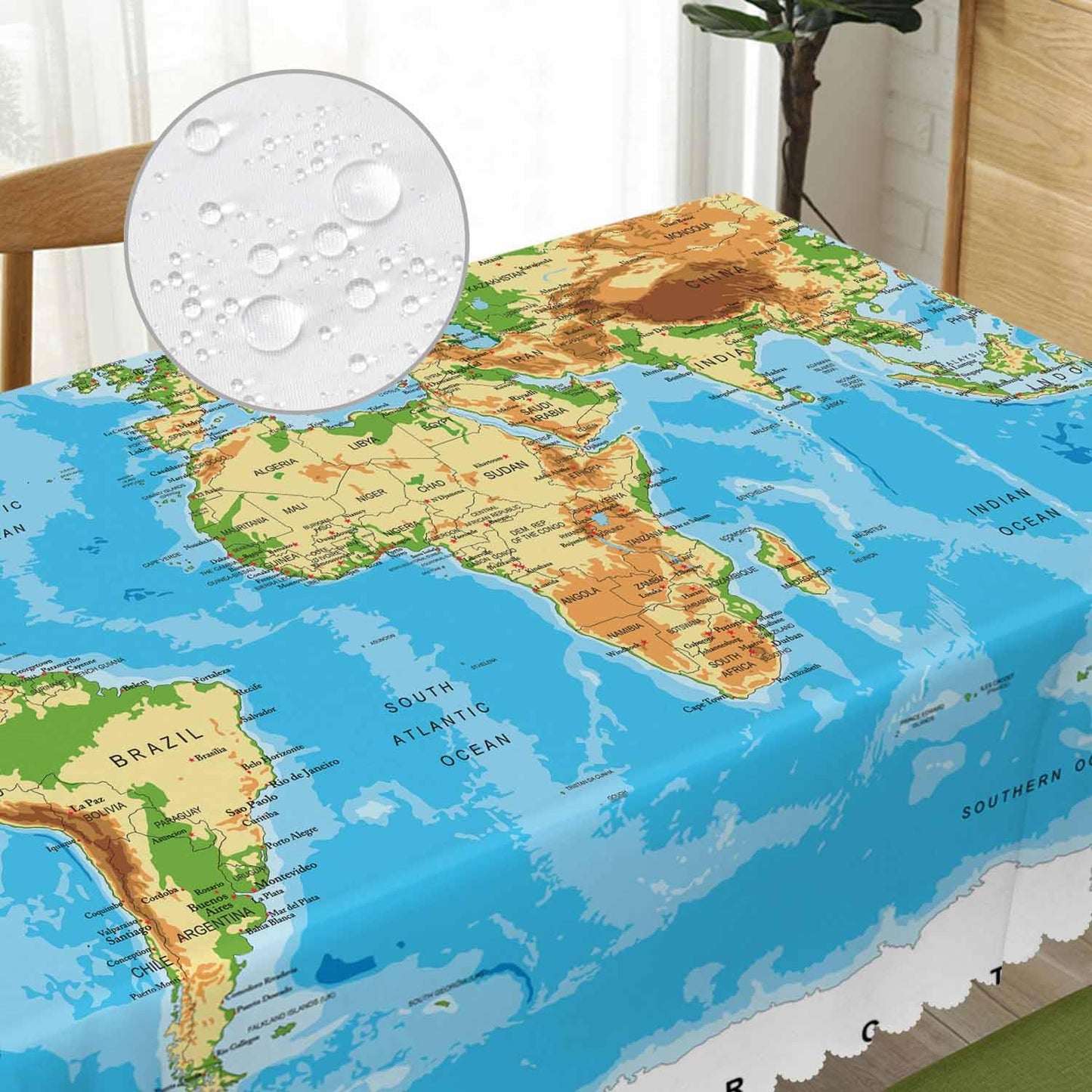 Beabes Tablecloth World Map 52 X 70 Inch, Physical World Map Blue Oblong Table Cloths Anti-Shrink Decorative Table Cover for Kitchen Dinning Tabletop Outdoor Picnic BBQ