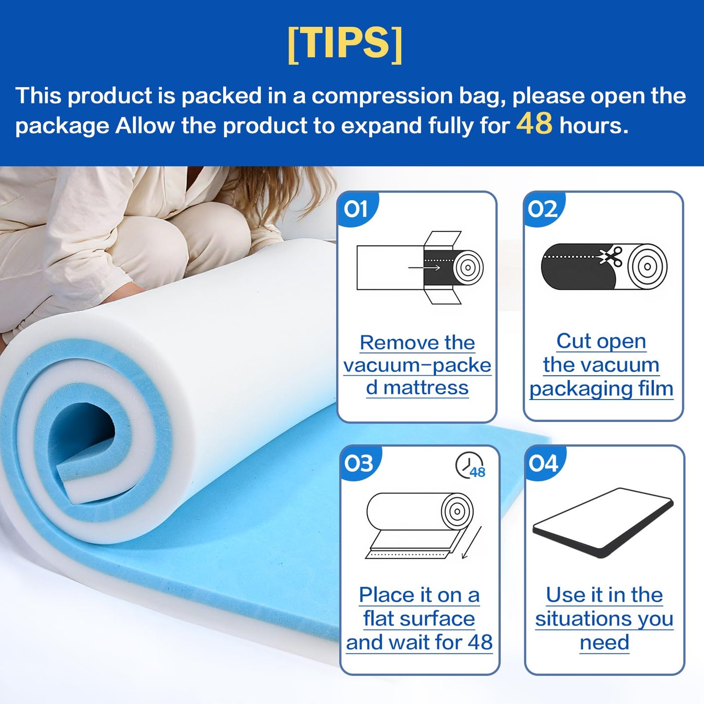 Tohetsuzp High Density Upholstery Foam Cushion - 2" Thick x 24" x 72", Gel Memory Foam Support Padding for Seat Cushion Replacement, DIY Projects, Sofa Mattress Support