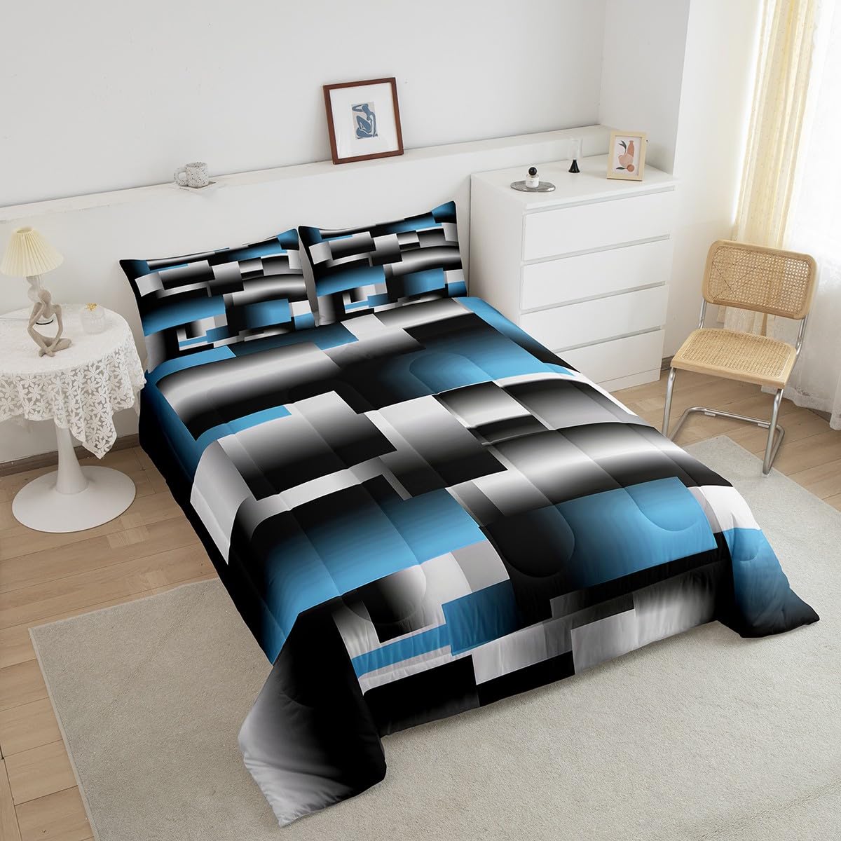 Feelyou Black Blue Geometric Comforter Set Kids Rendering Abstract Art Comforter for Women Men Rectangle Bedding Set Modern Duvet Set Room Decor Quilt Queen Size Boys