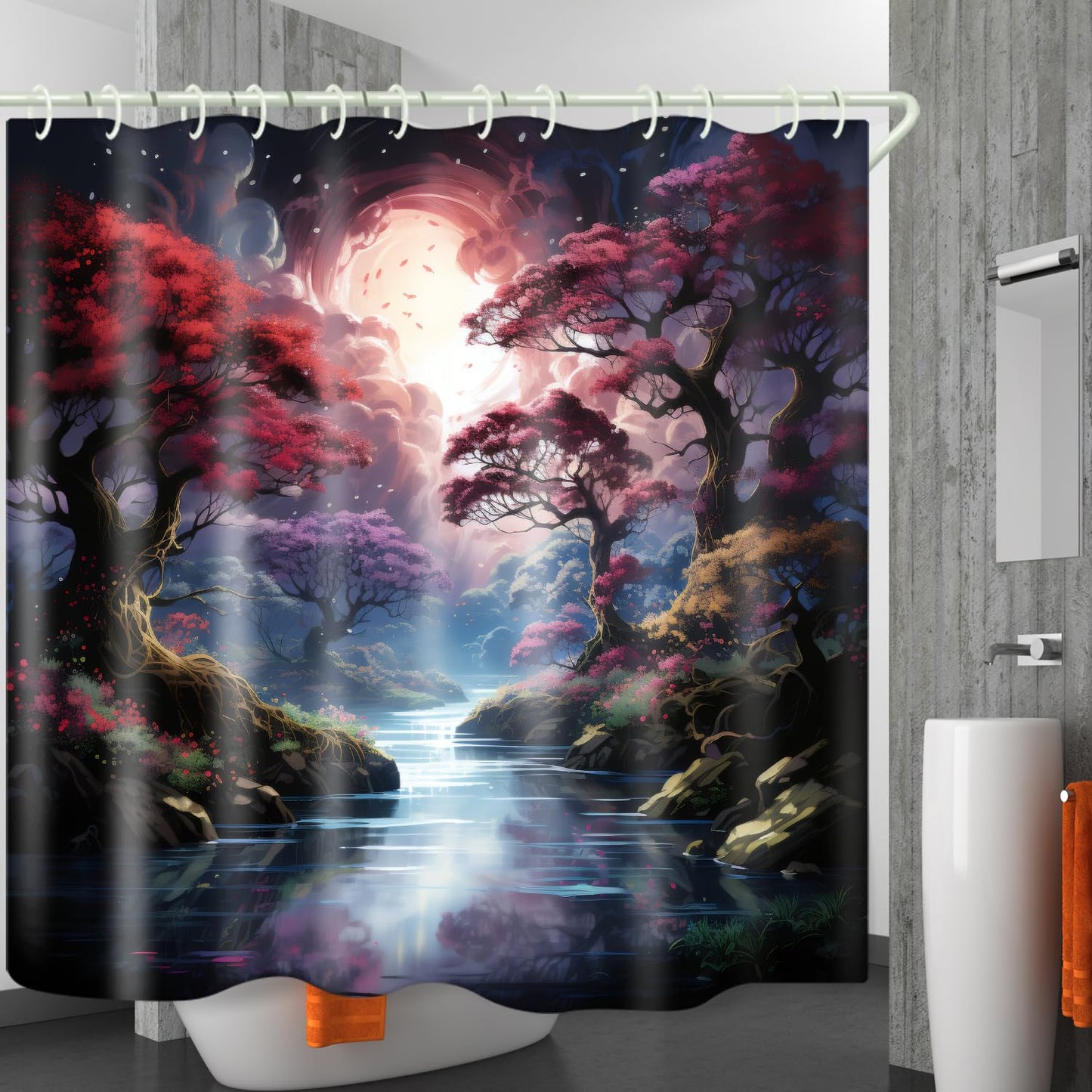 LYFANS Shower Curtains, with Forest and River Themed Bright Colors, Brings A Unique Artistic Atmosphere to The Bathroom. The 72x79 Inch Fabric Shower Curtain Comes with 12 Hooks.
