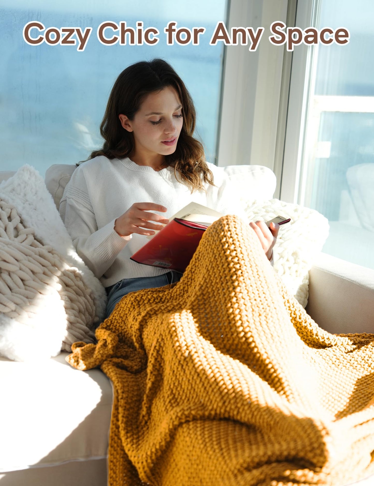 FIYARA Chunky Cotton Knit Throw Blanket, Light Weight Cable Knit Throws for Bed Couch Sofa, Comfy & Relaxing, Decorative Piece for Farmhouse Rustic Scandinavian Chic Vibe, Turmeric Yellow 50x60 Inches