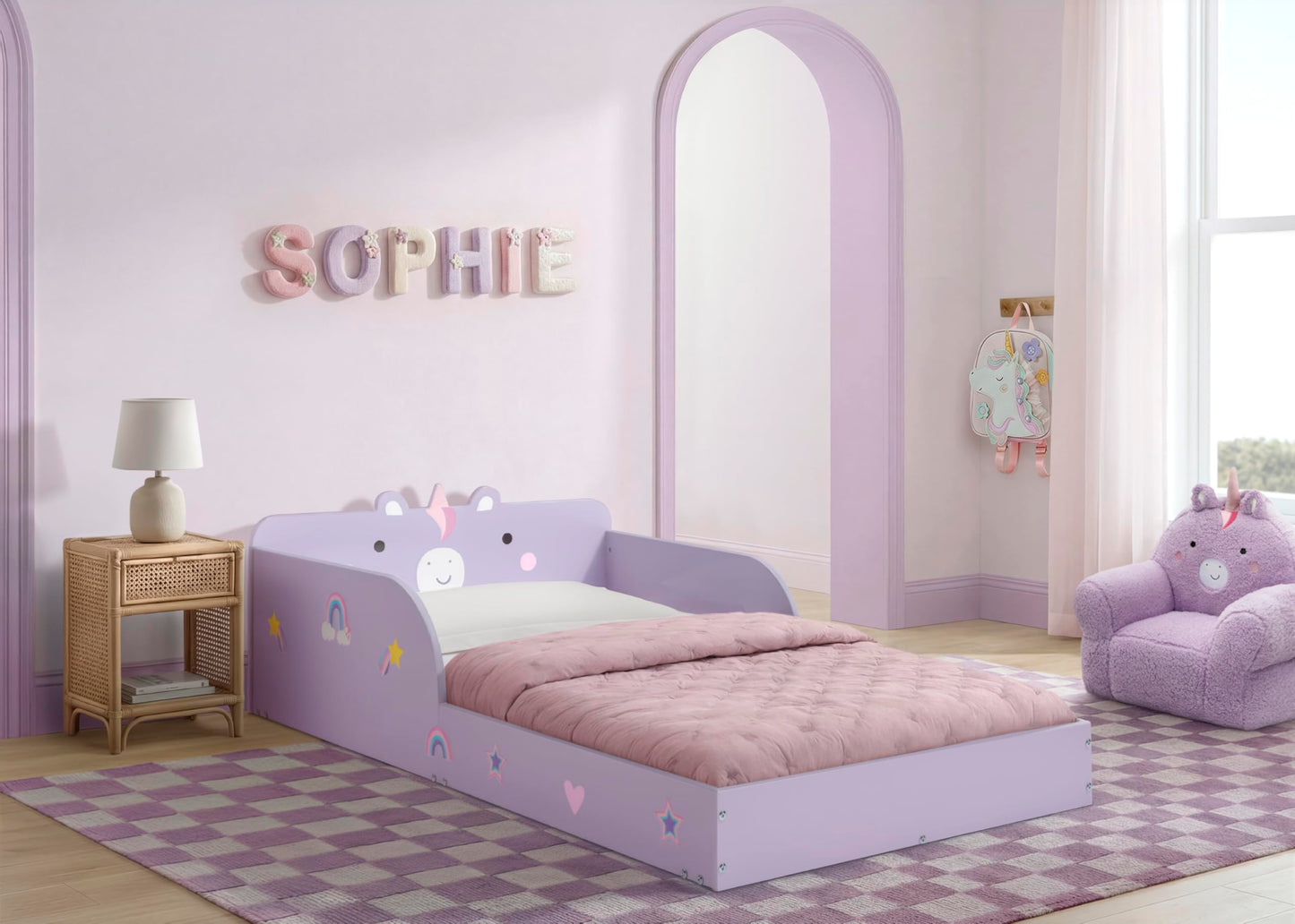 Delta Children Unicorn Wood Floor Toddler Bed with Reusable Stickers, Purple