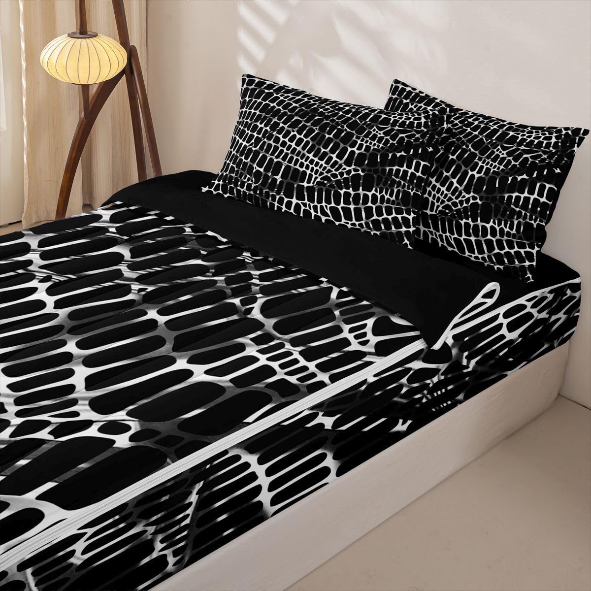 Erosebridal Mysterious Geometric Zipper Bedding Black White Grid Zippable Comforter Set 3D Print Bed in a Bag Full Size Modern Animal Texture Bed Set Room Decor
