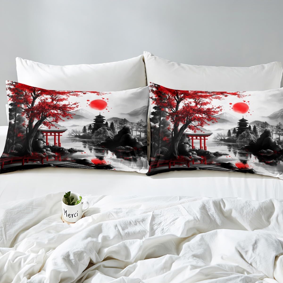 Feelyou Japanese Style Bedding Sheets Full Cherry Blossom Bed Sheet Set for Adult Kids Watercolor Fitted Sheet Natural Landscape Bed Cover 3Pcs,1 Fitted Sheet+2 Pillow Sham（No Flat Sheet）