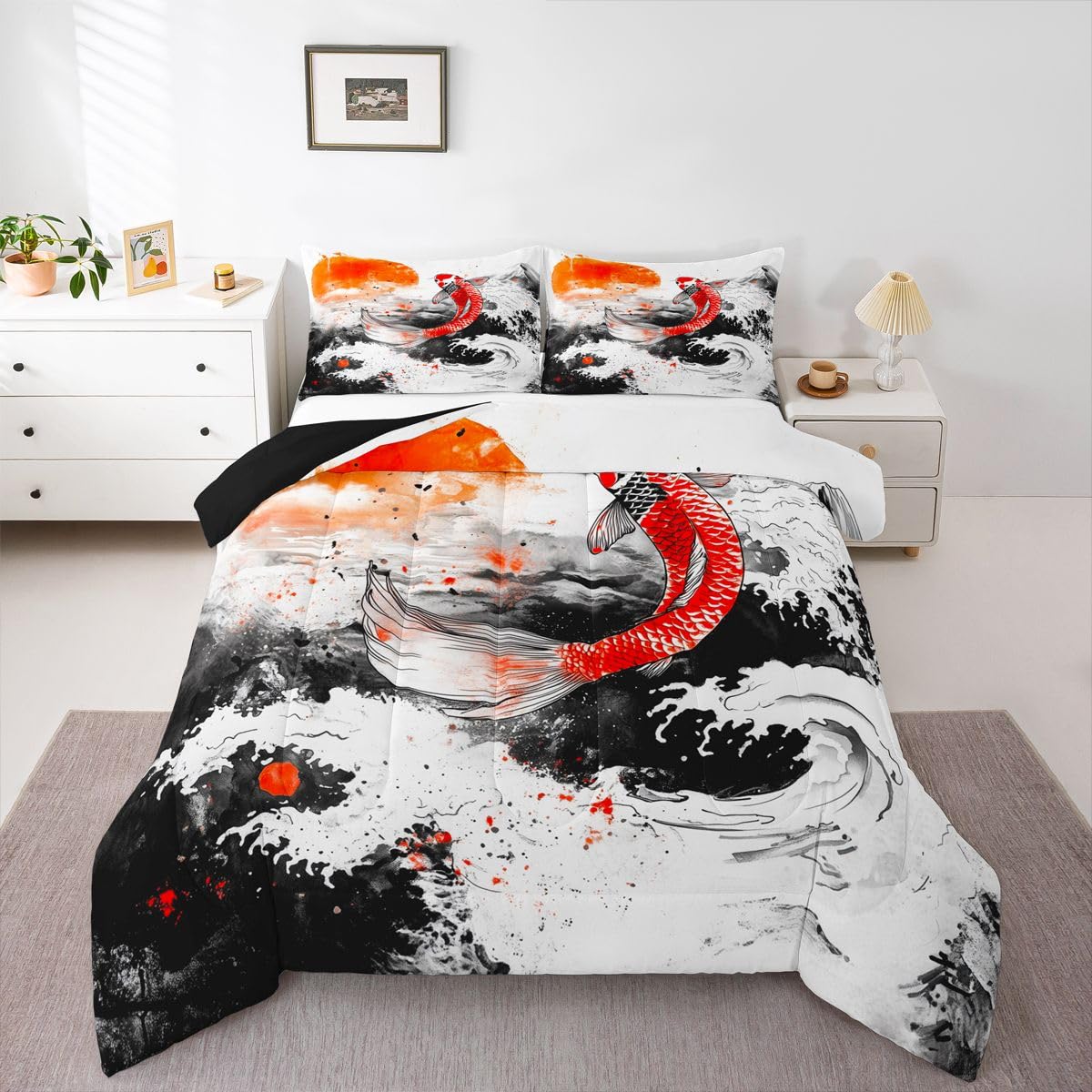 jejeloiu Wave Bedding Set Soft for Boys Girls, Japanese Style Comforter Set Queen Size Fish Duvet Quilt Microfiber Red Sun Bedroom Decor 3 Pcs with 2 Pillow Cases