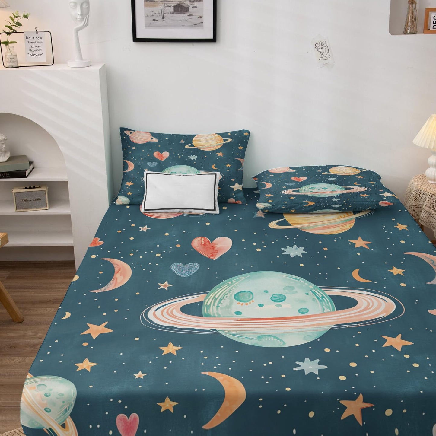 Rejkxyw King Size Sheets Set Cartoon Planet - Star Moon Outer Space Bed Sheets - Boys Girls Sheet Set - 12 Inch Deep Pocket - Ultra Soft Winkle Free Microfiber Bedding Sheets & Pillowcases 4 Piece