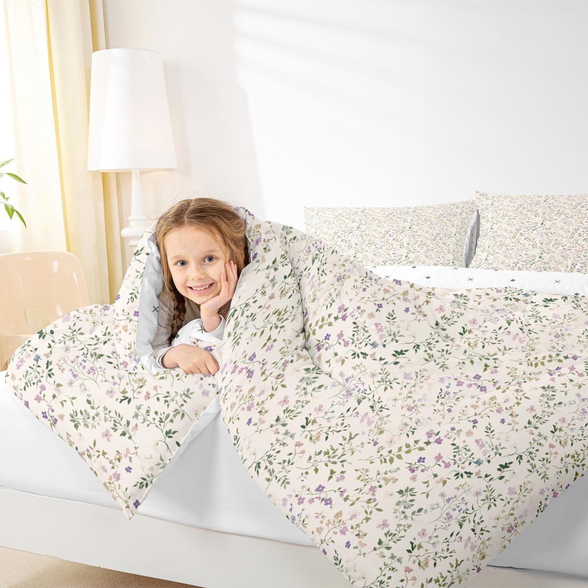 Feelyou Floral Comforter Set All Season Plant Bedding Set with 2 Pillow Cases Farmhouse Garden Microfiber Kids Full Bedclothes Cute Bedroom Decor White Beige Duvet Quilt Breathable Soft Lightweight