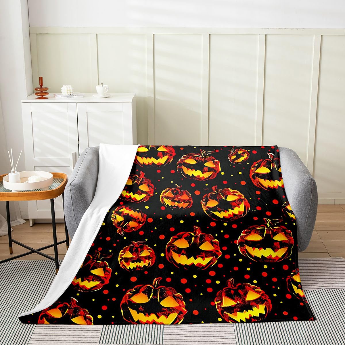 Feelyou Spooky Pumpkin Flannel Blanket Plush Fuzzy Halloween Themed Fleece Throw Blanket for Boys Girls Trick or Treat Plush Lightweight Sofa Throw Graveyard 40"x50" for Bed Couch Chair Living Room