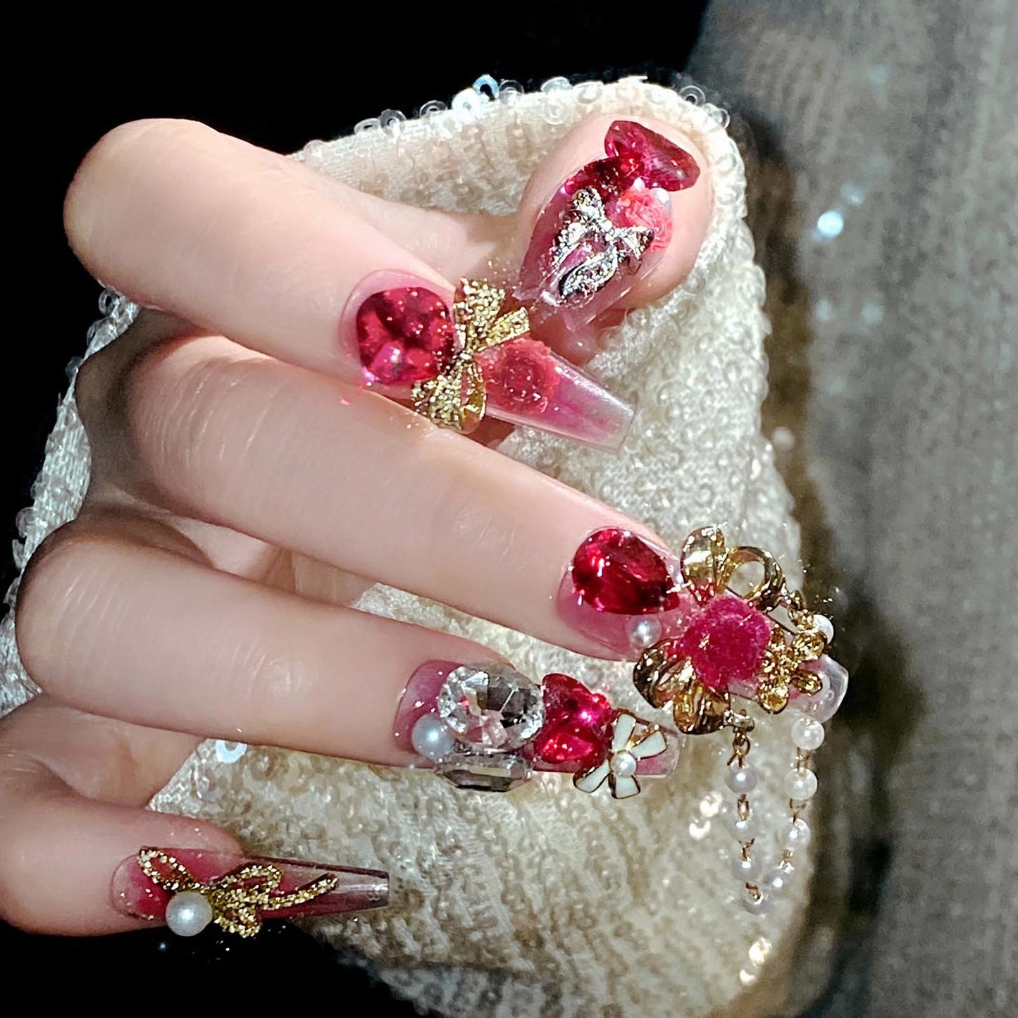 MISUD Press on Nails - Long Coffin Fake Nails with Red Rhinestone, Acrylic Handmade Design 24 pcs