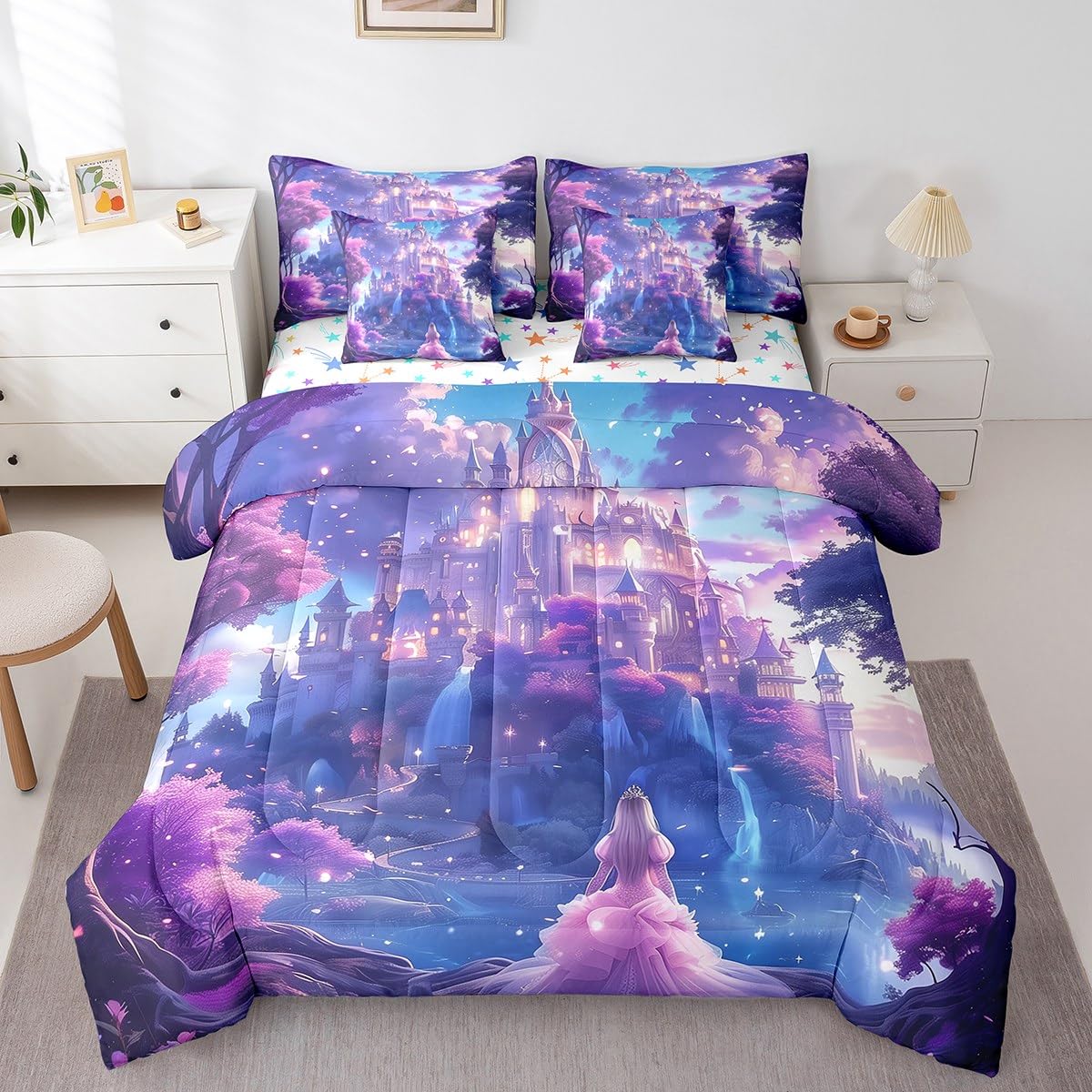 Erosebridal Sweet Princess Comforter Set King,Dreamy Fantasy Castle Bedding Set 7Pcs for Kids Girls,Mysterious Fairytale Bed in a Bag,Pink Ombre Cloud Quilt