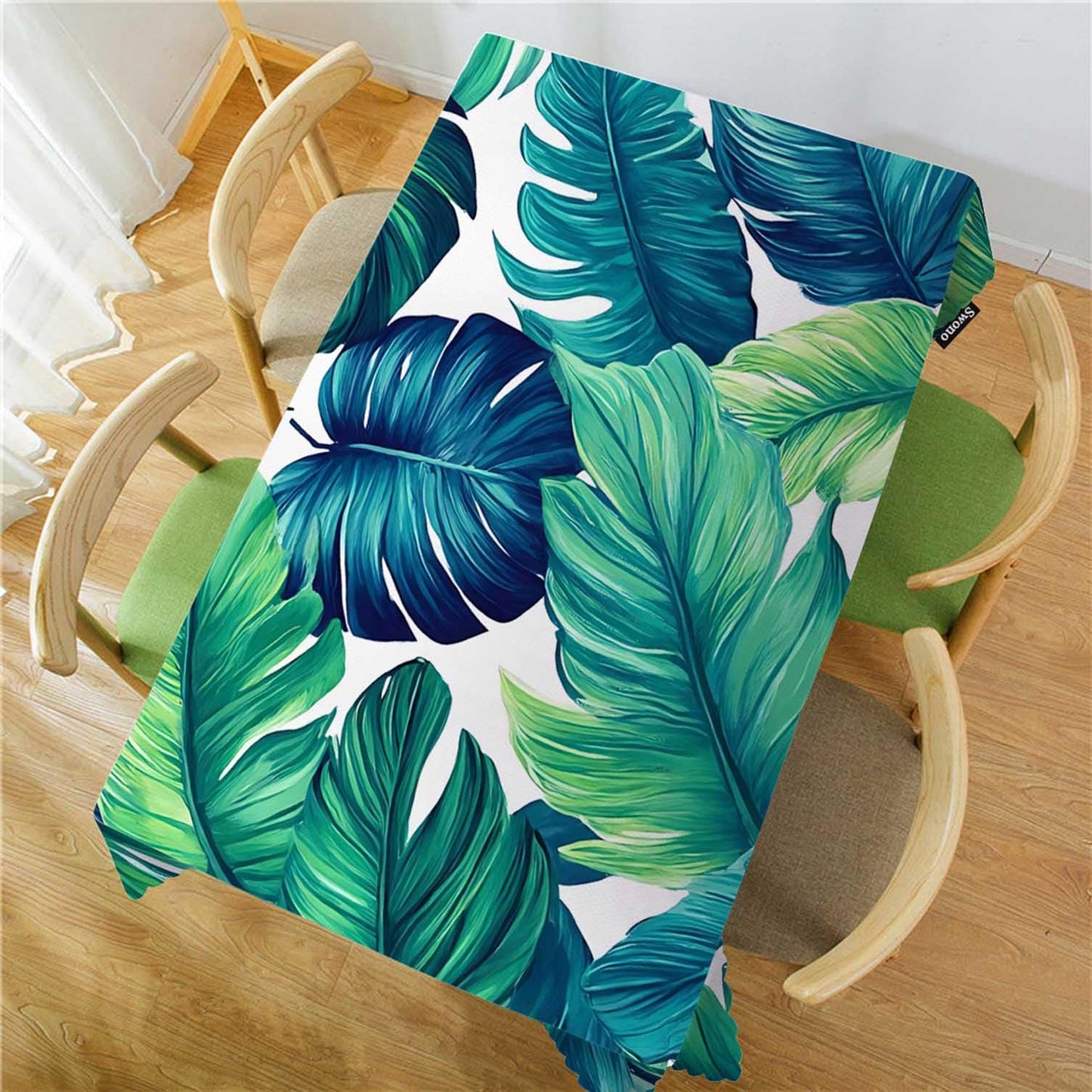 Swono Tropical Leaves Tablecloth Ocean Beach Turquoise Green Palm Leaves Rectangle Table Cloth Washable Plaid Table Cover for Kitchen Holiday Dinner, 52x 70 Inch Tablecloth