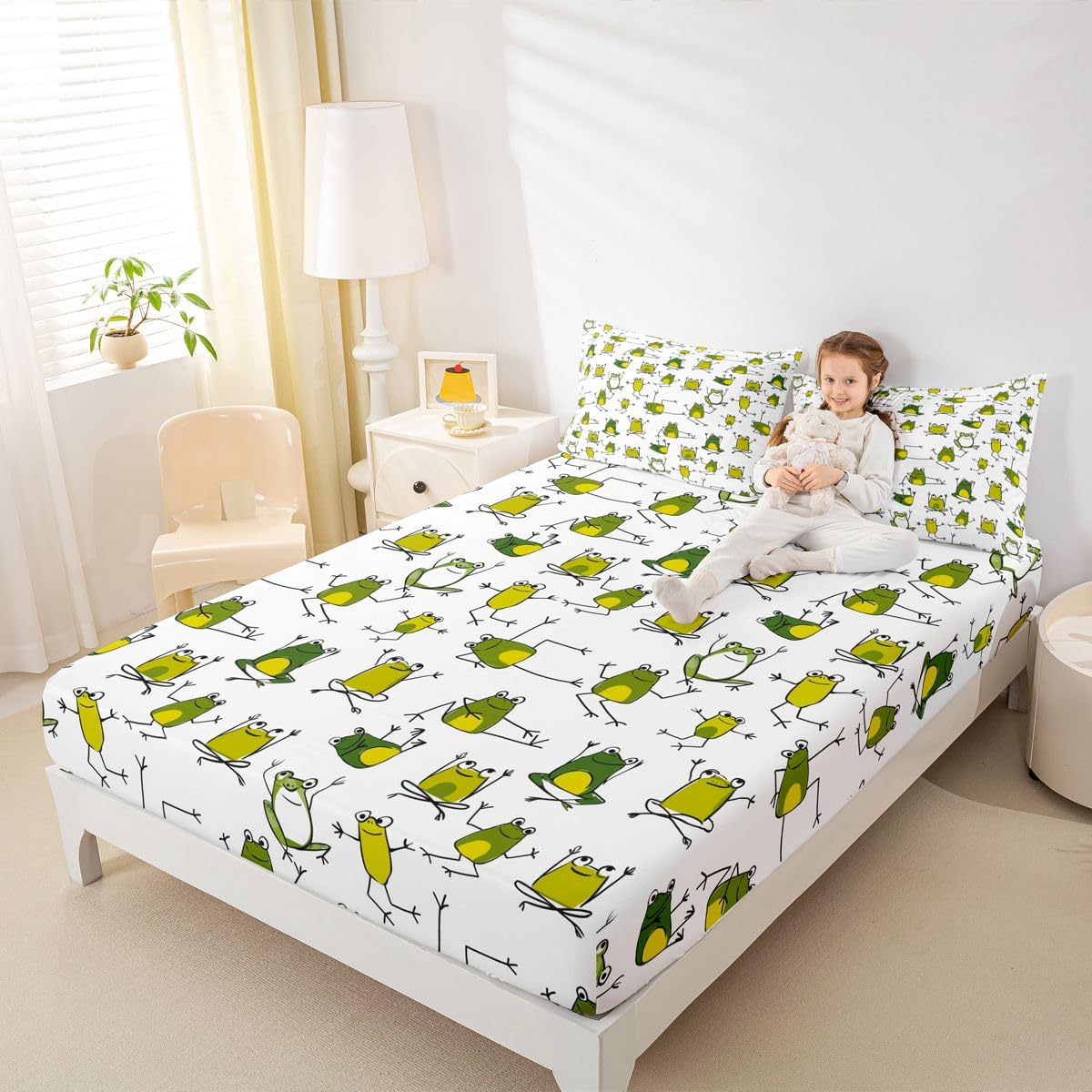 Erosebridal Green Frog Bed Sheets Funny Frog Sheet Set Full Size,Cartoon Wild Animals Fitted Sheet for Kids Child Toddler Boys,Cute Reptile Flat Sheet Lovely Wildlife Bedroom Decor
