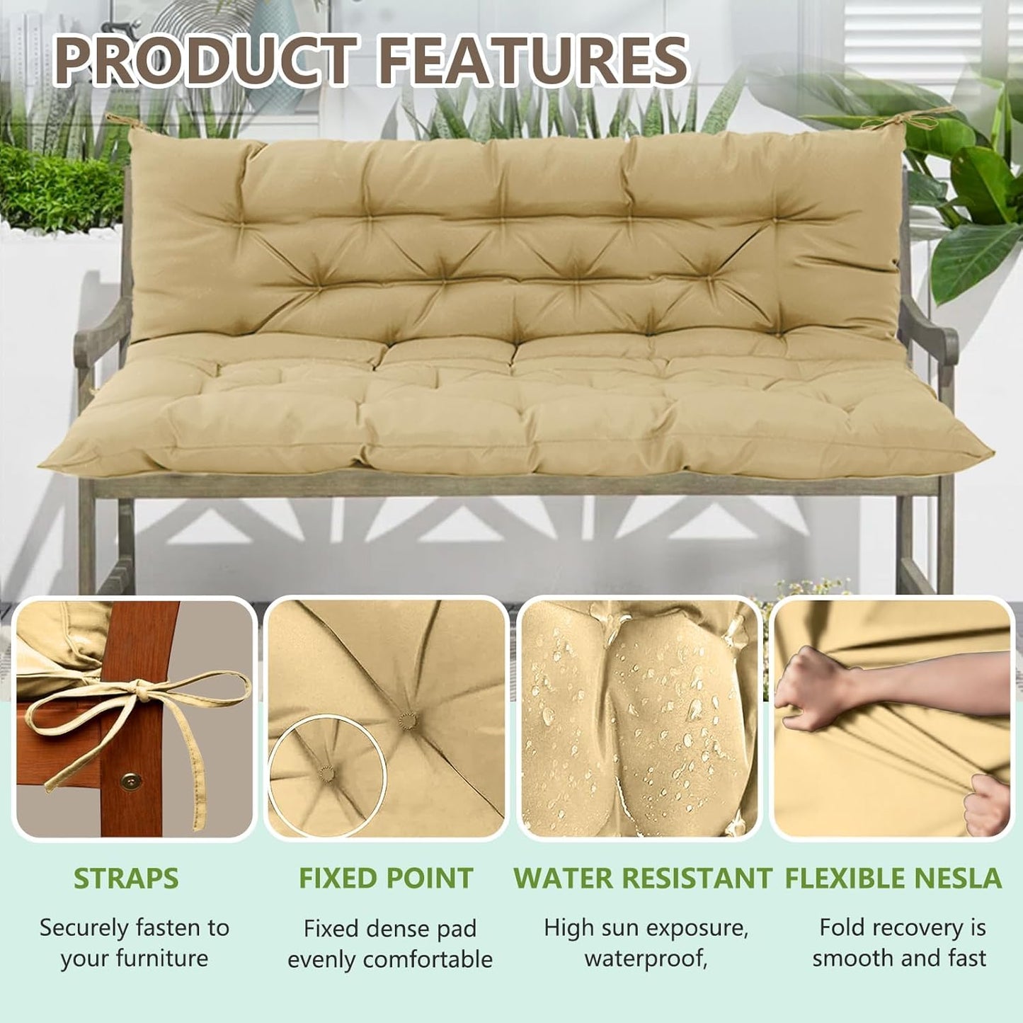 Longmu Living Porch Swing Cushions, Outdoor Swing Cushions 3 Seater Replacement with Backrest, Thickened Swing Cushion with Ties,Patio,Outdoor,Backyard and Gard (Khaki, 60 * 40 * 4 inches)