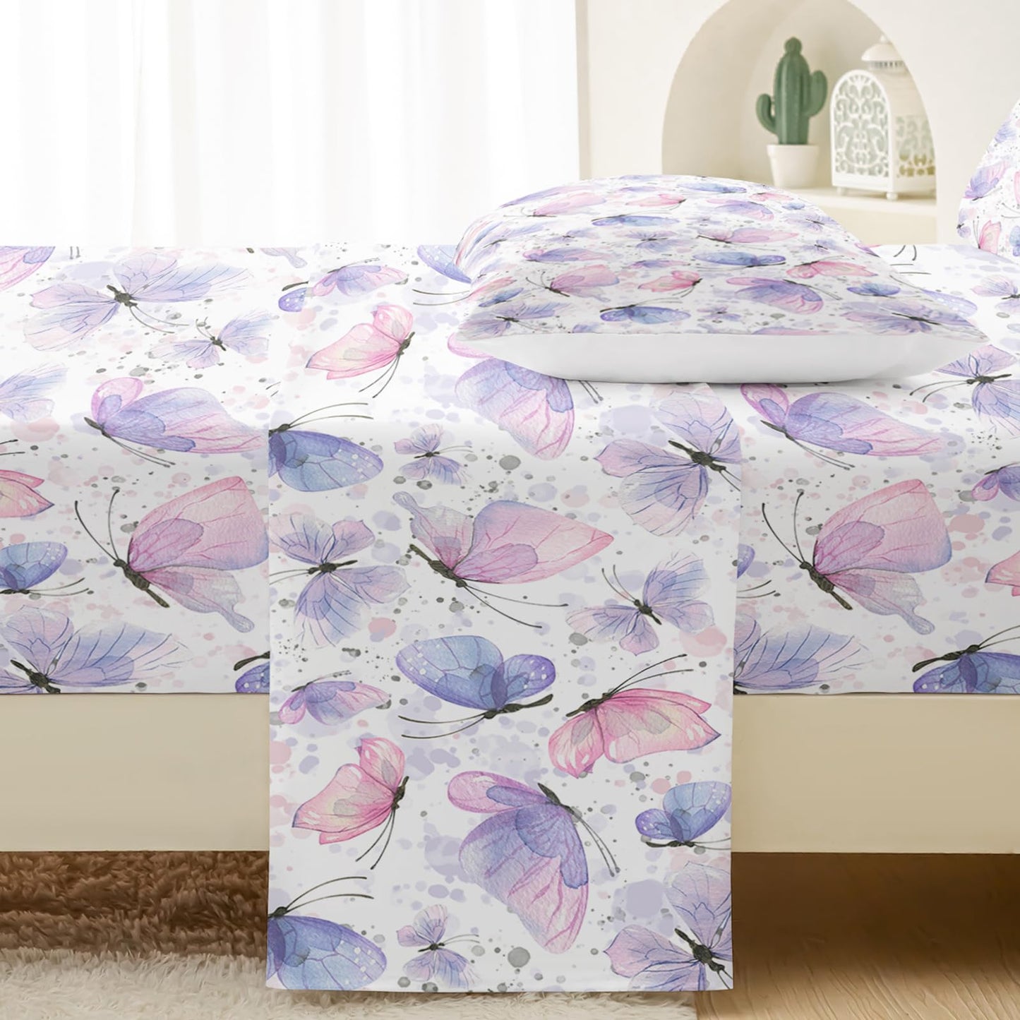 QOOMO Butterfly Bedding for Boys and Girls Pink Silky Soft Microfiber Bed Sheets Cute Butterfly Flat Fitted Sheets Set for Children Twin Size 1 Fitted Sheet, 1 Flat Sheet, 2 Pillow Cases