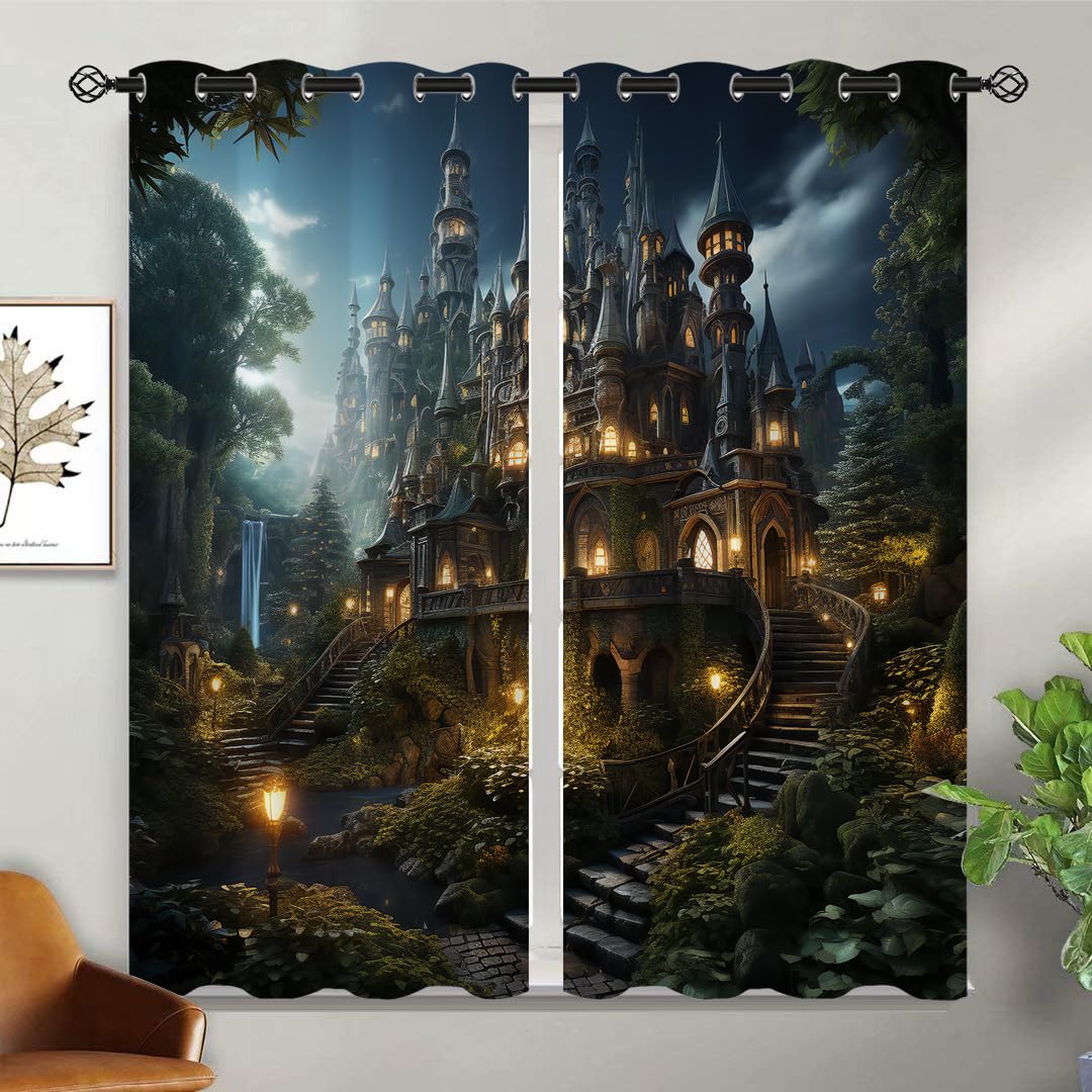 ONINUO Enchanted Castle Blackout Curtains for Girls Boy Home Decor, Magic Forest Fantasy Nature Grommet Thermal Insulated Drapes Darkening Window Curtain for Bedroom Living Room, 42 x 45 Inch