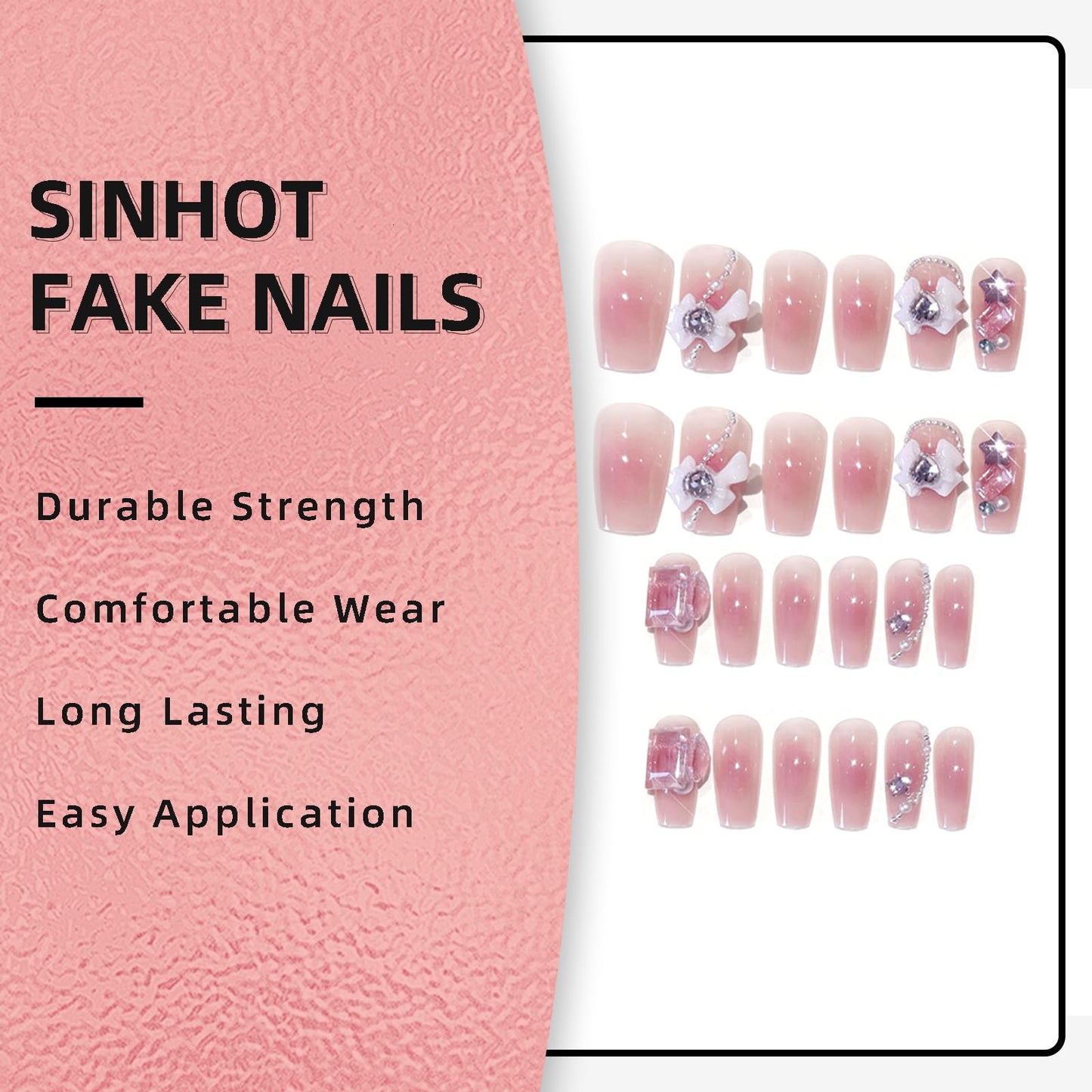 SINHOT Luxury Press on Nails - Medium Almond Fake Nails 3D Handmade Cute Star Reusable False Nails with Rhinestone Designs,DIY Artificial Nail Art, 24pcs