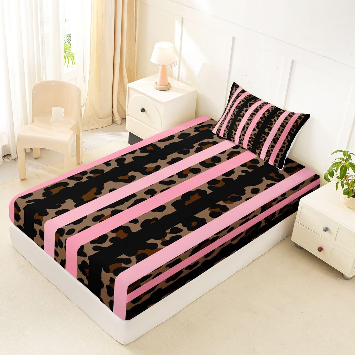 jejeloiu Brown Leopard Print Fitted Sheet with 1 Pillowcase Twin Size Abstract Bed Sheets Set 16" Deep Pocket Boys Girls Leopard Stripes Bedding Teens Bedroom Decor Breathable