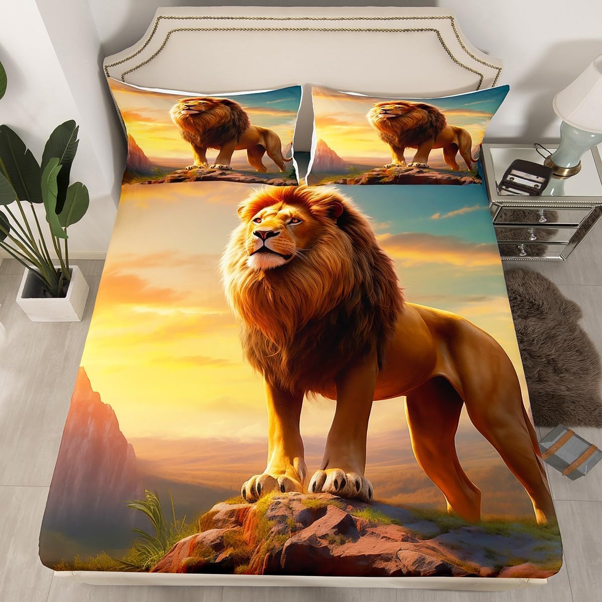 Homewish Fierce Lion Fitted Sheet Queen Size,Wild Animal Theme Bedding Set for Kids Teens Adults Men Room Decor,African Plateau Natural Scenery Sheet Set 3Pcs,3D Lion Sunset Bed Sheet,2 Pillowcases