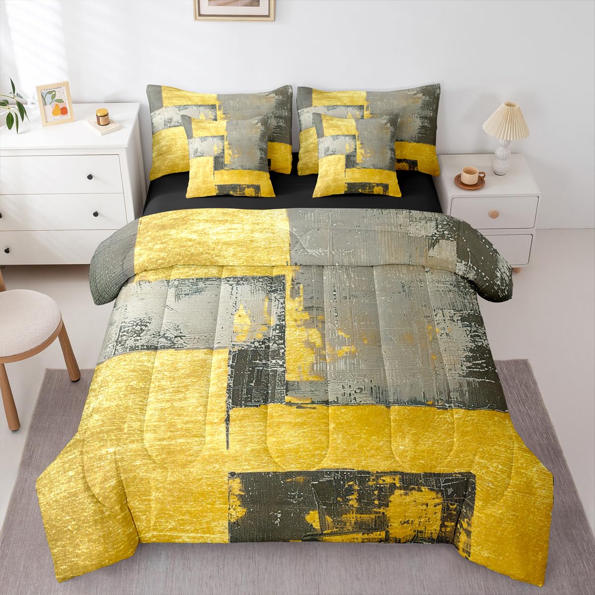 Feelyou Abstract King Comforter Set with Sheets for Kids Boys Girls Modern Abstract Art 7 Pieces Bedding Set Luxury Bed in a Bag Geometric Room Decor Gray Yellow Soft Lightweight Microfiber