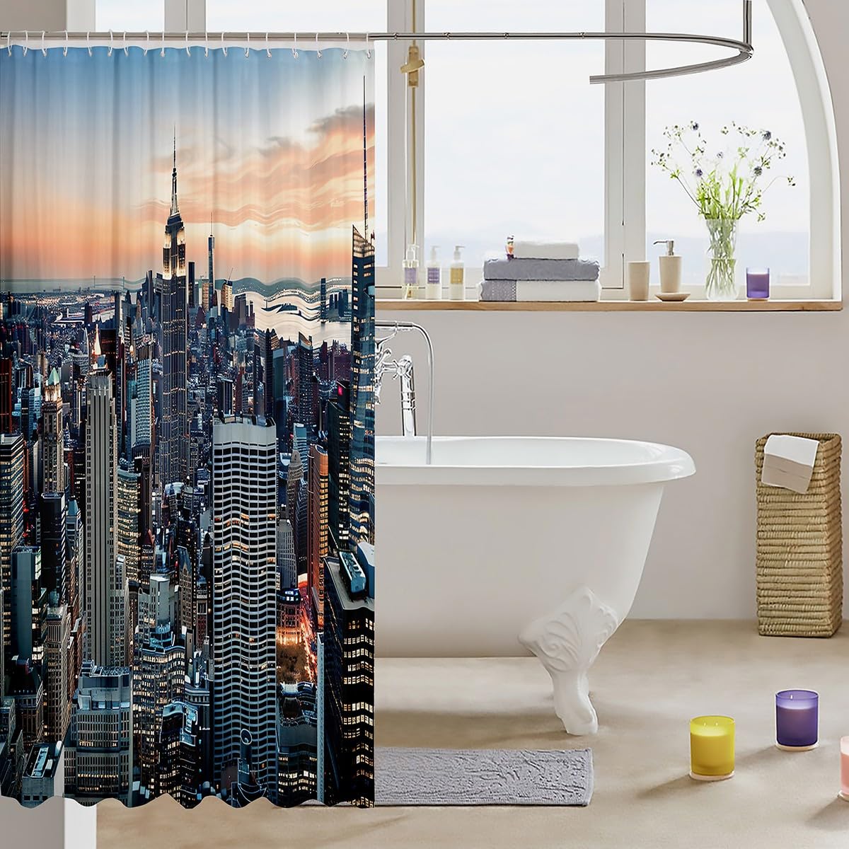 New York Shower Curtain New York City Manhattan Skyline Cityscape Waterproof Bath Curtain Contemporary Artistic Sunset Landscape Bathroom Set with 12 Hooks for Stalls Bathtubs Decorations 72"Wx72"L
