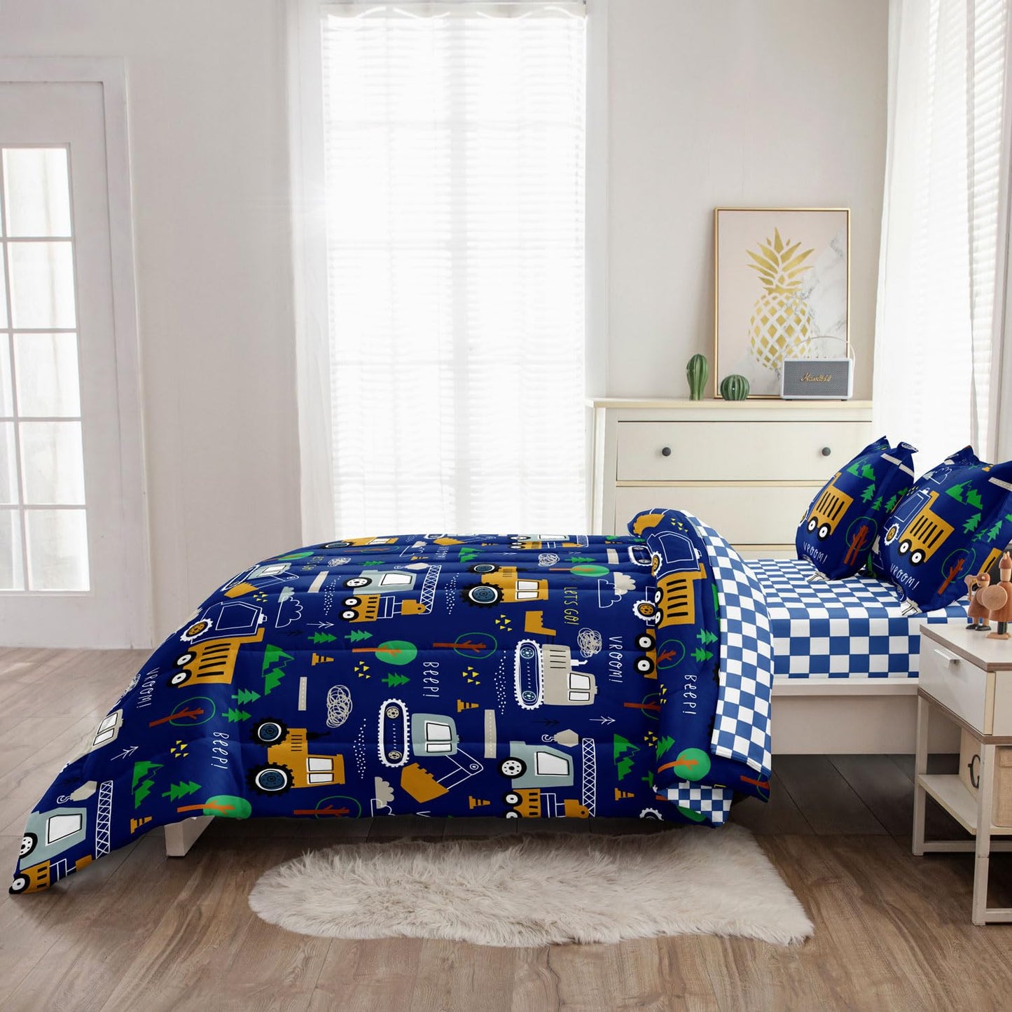 Leaflin Boys Bedding Set Twin Size, 5 Pcs Cartoon Truck Comforter, Blue