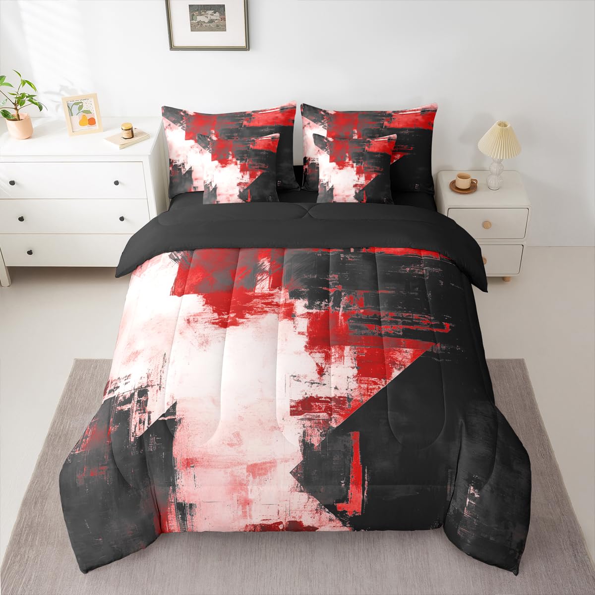 Feelyou Abstract King Comforter Set with Sheets for Kids Boys Girls Modern Abstract Art 7 Pieces Bedding Set Luxury Bed in a Bag Geometric Room Decor Red Balck Soft Lightweight Microfiber