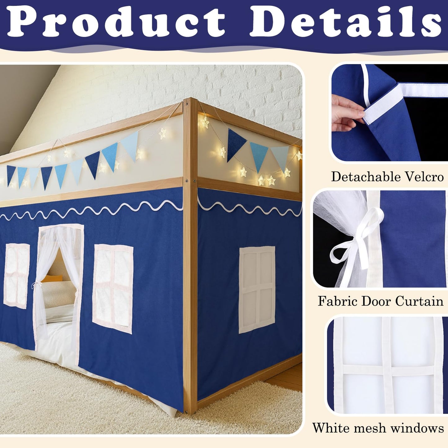 Breling 3 Panel Bunk Bed Curtains for Bottom Loft Bed Tent Set with Felt Flag Double-Layer Twin Bunk Curtains Playhouse Accessories for Boy Girl Bedroom(Blue and White,Classic)
