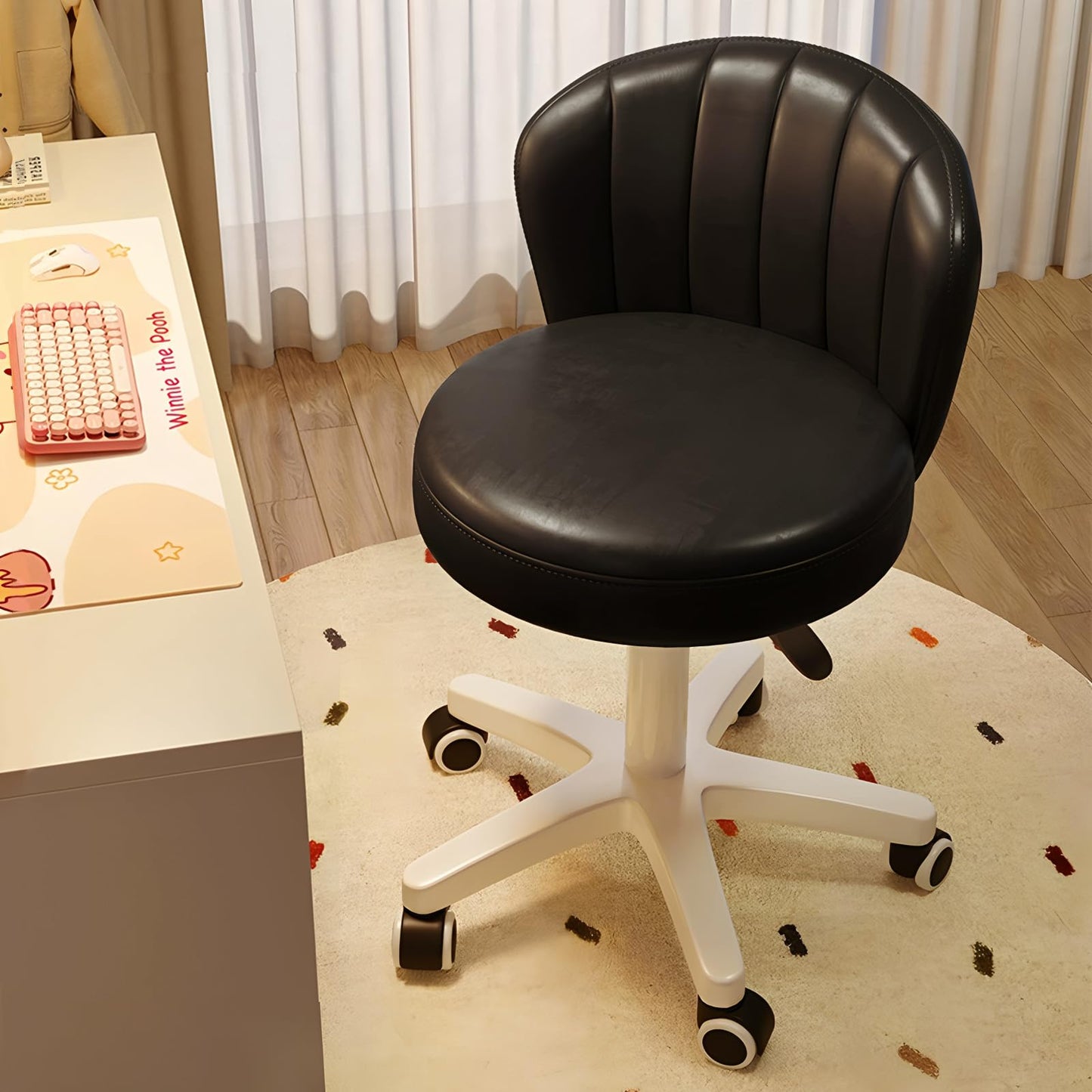 XUEGW Small Scallop Desk Chair with Back, Cute Armless Rolling Vanity Chair with PU Leather, Comfy Office Task Computer Chairs Height Adjustable for Bedroom