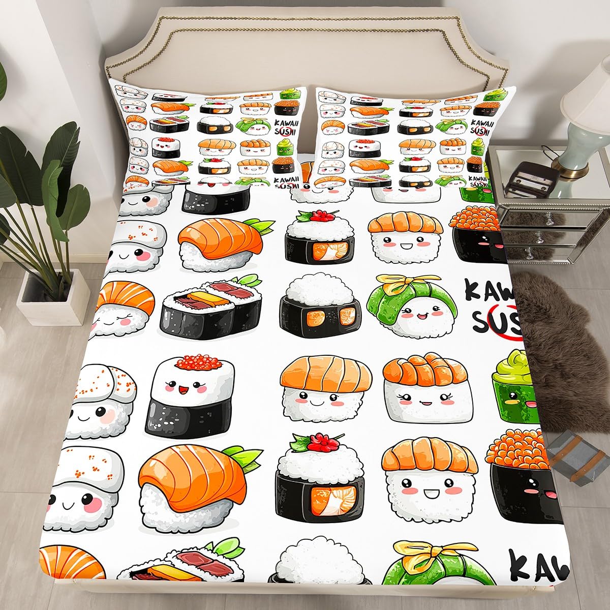 Erosebridal Sushi Fitted Sheet Kawaii Bed Sheet Set Full Size,Japanese Style Bedding Set 4 Piece(1 Fitted Sheet,1 Funny Japan Food Flat Sheet,2 Pillowcases) for Kids Child Novelty White Bedroom Decor