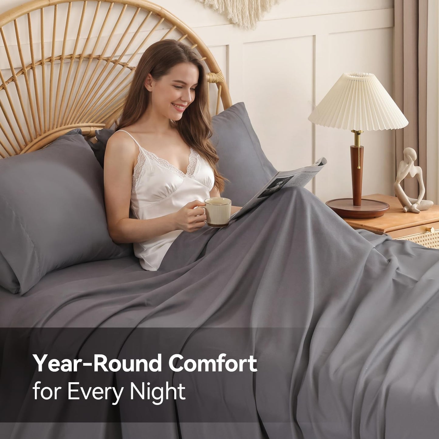 FreshCulture King Size Bed Sheets 4 Piece Sheet Set Include 15" Deep Pocket Fitted Sheet Flat Sheet and 2 Pillowcases Grey Bedding Soft Wrinkle & Fade Resistant Bedsheets for Bedroom