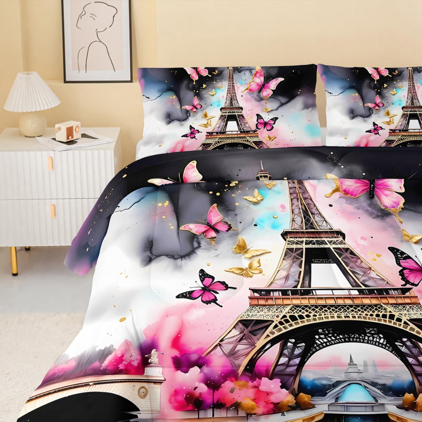 QOOMO Eiffel Tower Kids Full Comforter Set 3Pcs Pink Butterfly Bedding Set for Girls Boys Black and White Paris Printed Comforter with 2 Pillowcases Lightweight Microfiber for All Seasons