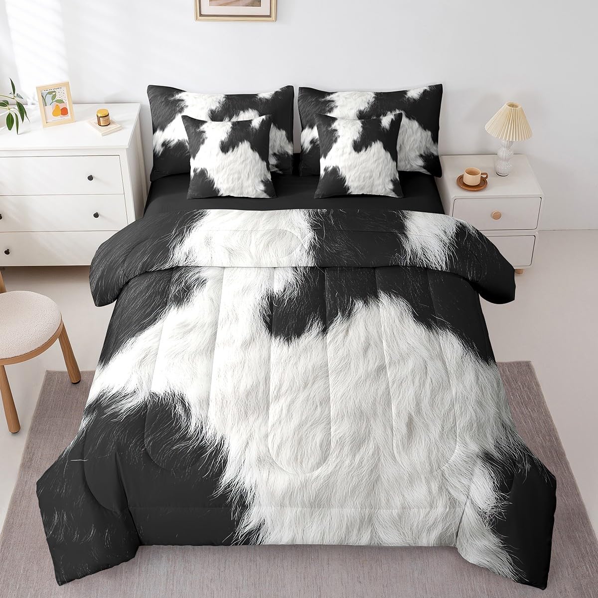 Erosebridal Cute Cow Print King Bedding Set 7 Piece for Boys Black White Cowhide Bed in A Bag for Kids Teens Youth Adult Western Farmhouse Fur Comforter Set with Sheetcountry Animal Skin Bed Sets