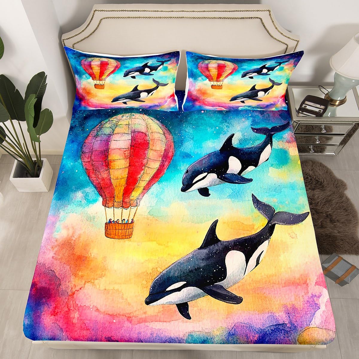 Feelyou Kids Valentine's Day Fitted Sheet Full Size, Cute Dolphin Bedding Set Rainbow Bed Sheet Set Boys Girls Romantic Teens Bed Cover Bedroom Decor Lightweight Bed Set (No Flat Sheet)
