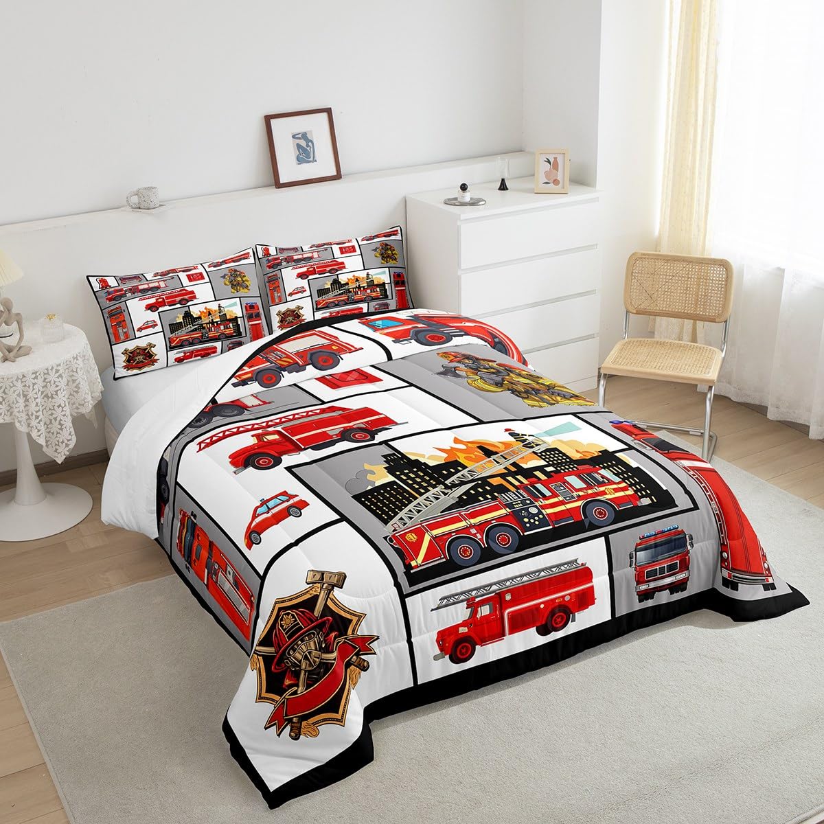 Homewish Boys Fire Truck Twin Size Comforter Set,Kids Firemen Decor All Season Bedding Set,Teens Fire Fighting Truck Comforter,Children Car Vehicle Print Decor Quilt Set Bedroom Collection 2Pcs