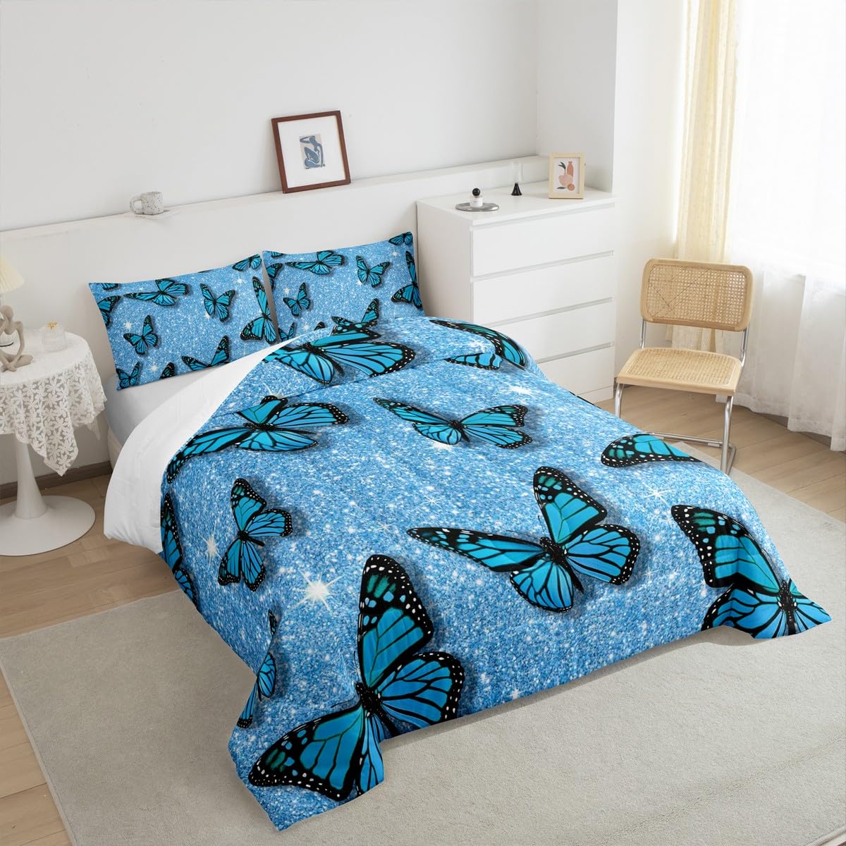 Castle Fairy Butterfly Glitter Comforter Set Queen Size,Blue Starry Galaxy Bedding Set for Kids Girls Teens Adults Room Decor,Fantasy Flying Animals Quilt Set Sparkling Diamonds Duvet Insert 3pcs