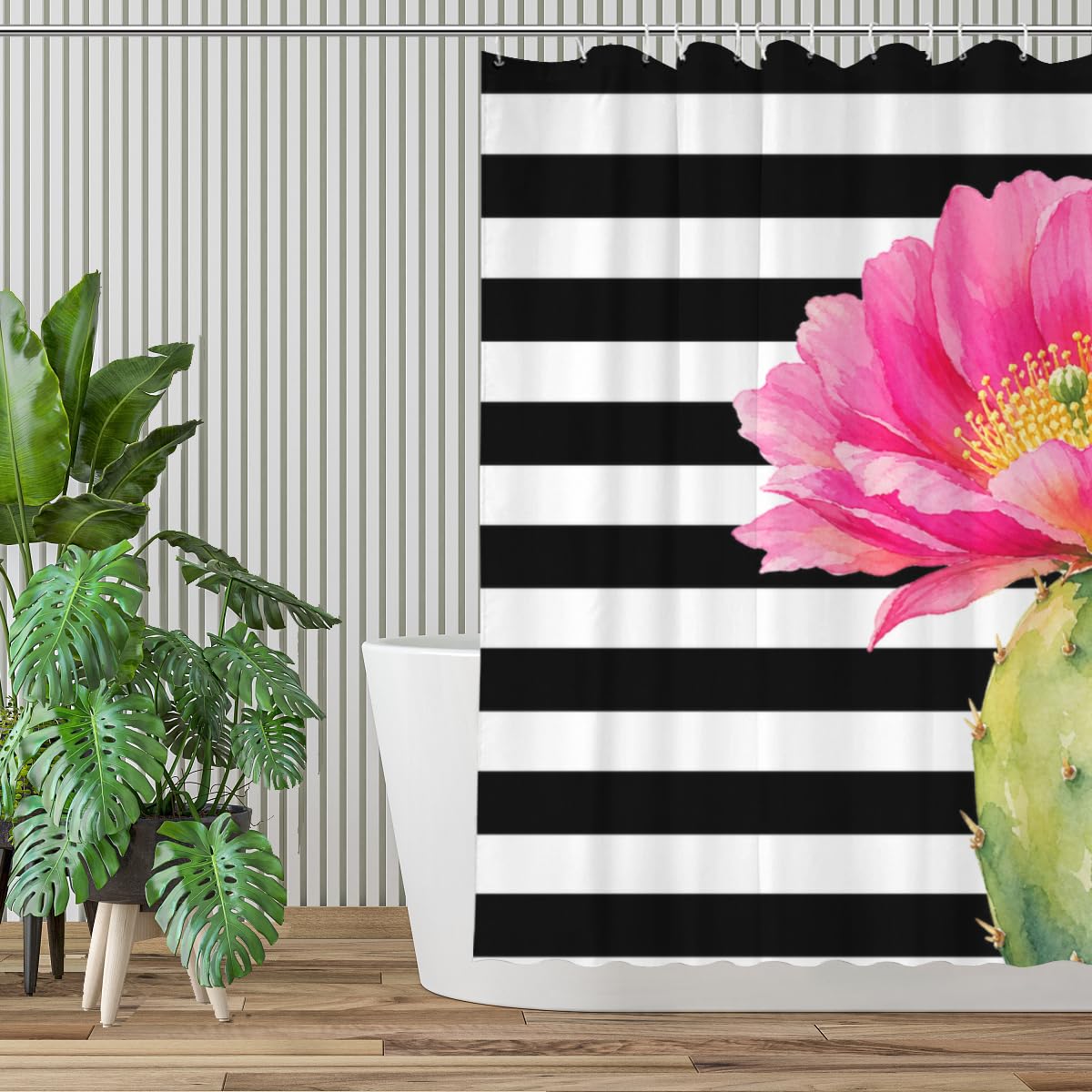 TopPacific Cactus Flower Stripe Shower Curtain 72x72 Inch Shower Curtain with 12 Hooks Polyester Cactus Pink Flower Black White Stripes Bathroom Decor