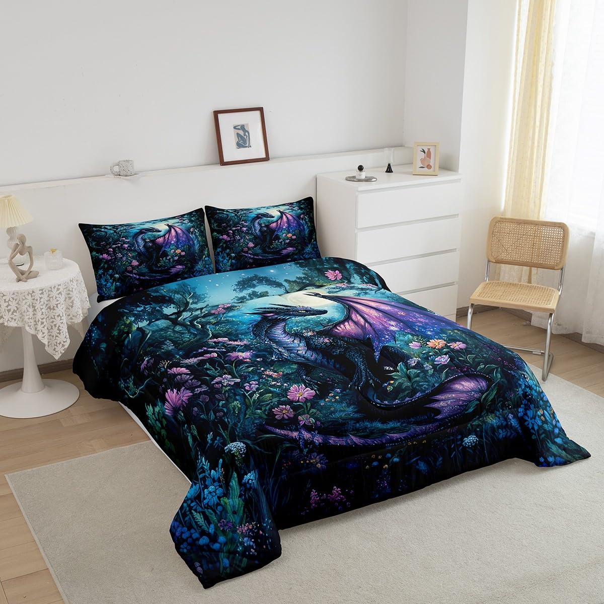 Feelyou Dragon Comforter Set Twin Size Comforter for Boys Girls Teens Wild Life Bedding Set Jungle Dragon Duvet Set Room Decor Balck Blue Quilt Set