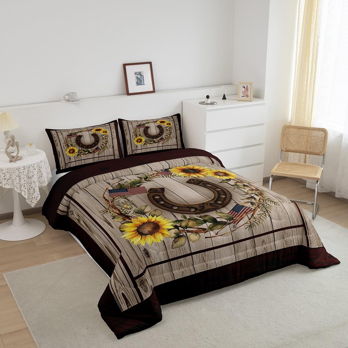 Homewish Horseshoe Comforter Set,Sunflowers Bedding Set for Kids Girls Women,Adults American Flag Comforter,Rustic Wooden Barn Quilted Duvet Set Bedroom Collection Twin Size 2Pcs